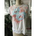 Fashion Latest Pink Lovely Flower Embroidery Women T -Shirt